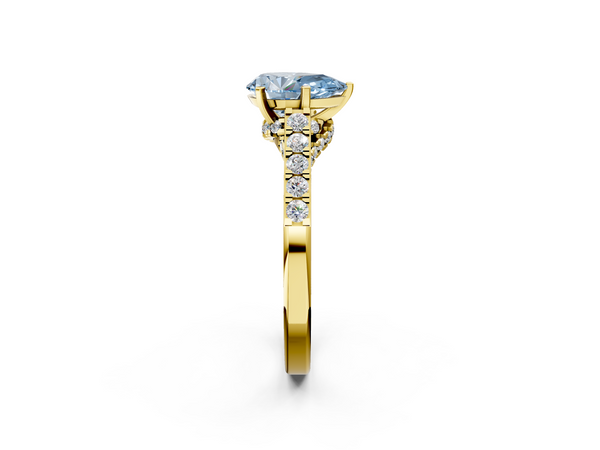 Yellow gold Fancy Blue Pear  Diamond Solitaire Ring with Pavé Band and Prong Setting