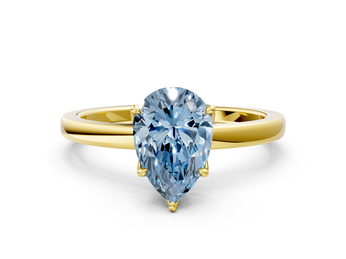 Yellow gold Fancy Blue Pear  Solitaire Diamond Ring with Thin Band and Four-Prong Setting_3