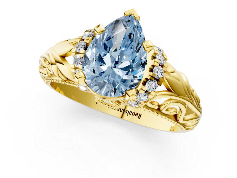 Yellow gold Fancy Blue Pear  Solitaire Filigree Engagement Ring with Halo and Prong Setting
