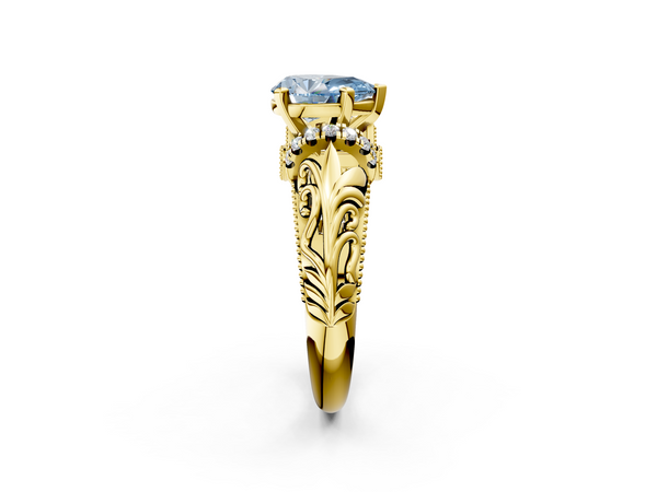 Yellow gold Fancy Blue Pear  Solitaire Filigree Engagement Ring with Halo and Prong Setting
