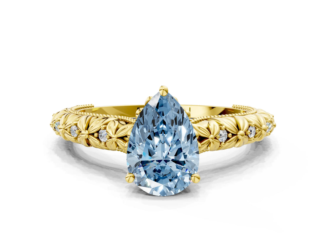 Yellow gold Fancy Blue Pear  Solitaire Floral Milgrain Engagement Ring_29
