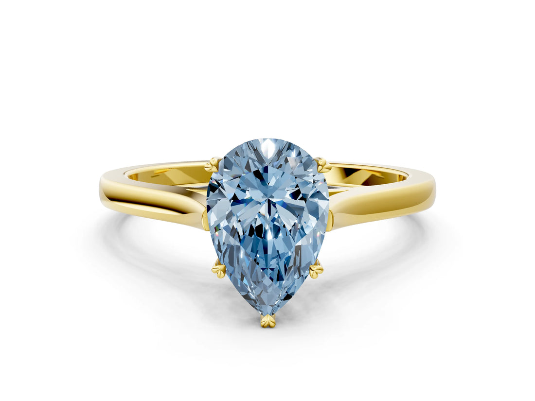 Yellow gold Fancy Blue Pear  Solitaire Heart Prong Engagement Ring with Tapered Band_55