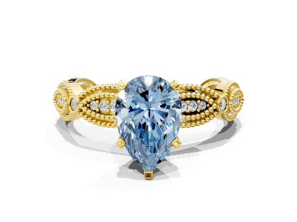 Yellow gold Fancy Blue Pear  Solitaire Milgrain Diamond Engagement Ring with Bezel and Marquise Band
