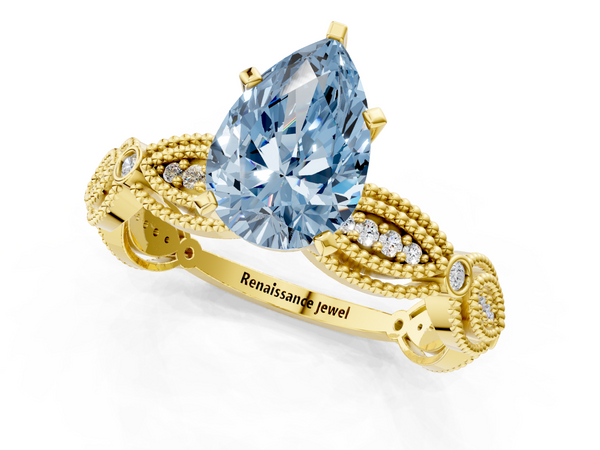 Yellow gold Fancy Blue Pear  Solitaire Milgrain Diamond Engagement Ring with Bezel and Marquise Band