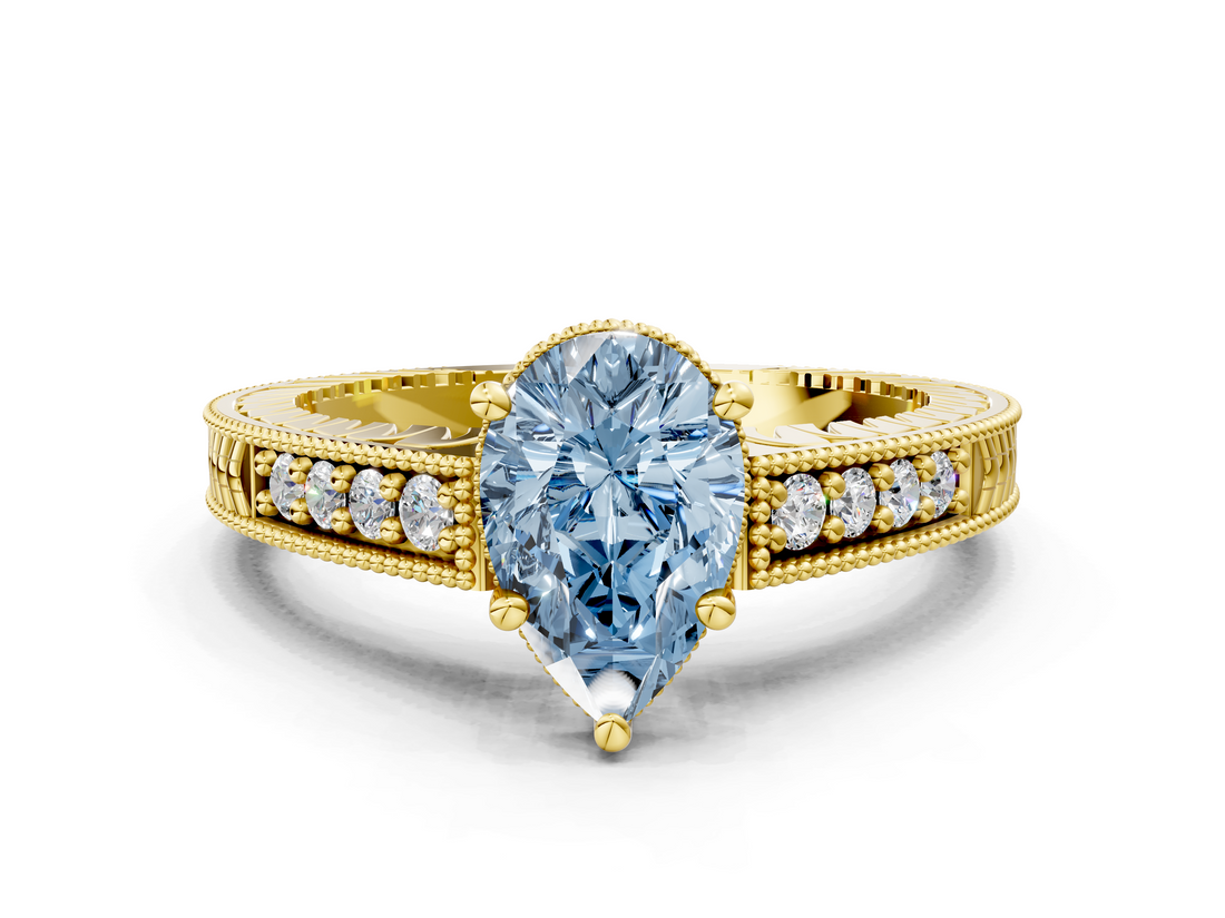 Yellow gold Fancy Blue Pear  Solitaire Pavé Diamond Milgrain Engagement Ring with Four-Prong Setting_10