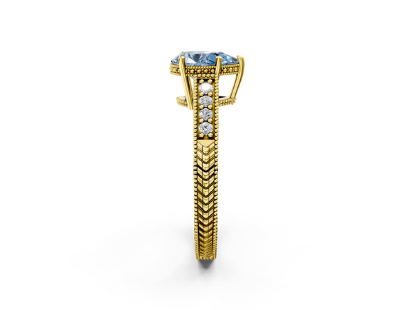 Yellow gold Fancy Blue Pear  Solitaire Pavé Diamond Milgrain Engagement Ring with Four-Prong Setting