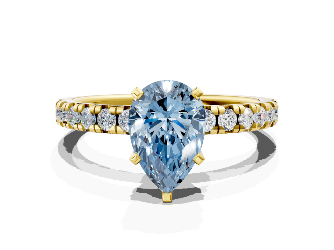 Yellow gold Fancy Blue Pear  Solitaire Pave Diamond Engagement Ring with Four-Prong Setting_257