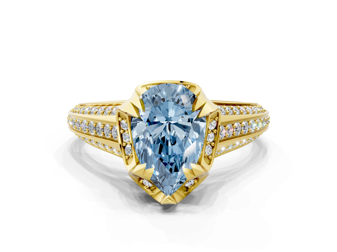 Yellow gold Fancy Blue Pear  Solitaire Pave Split Shank Ring with Four-Prong Setting_151
