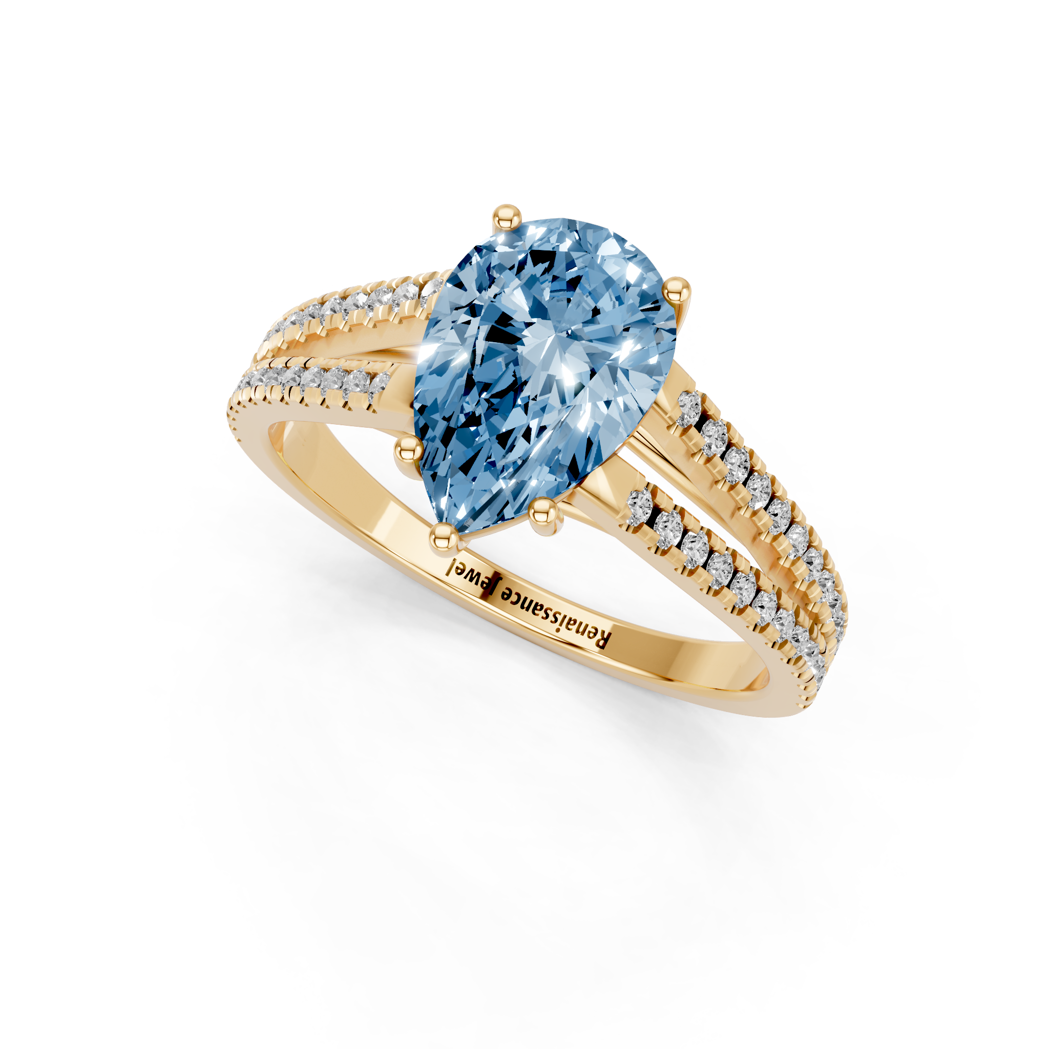 Yellow gold Fancy Blue Pear  Solitaire Split Shank Pavé Diamond Engagement Ring_253