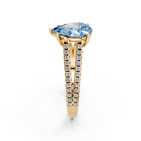 Yellow gold Fancy Blue Pear  Solitaire Split Shank Pavé Diamond Engagement Ring_254
