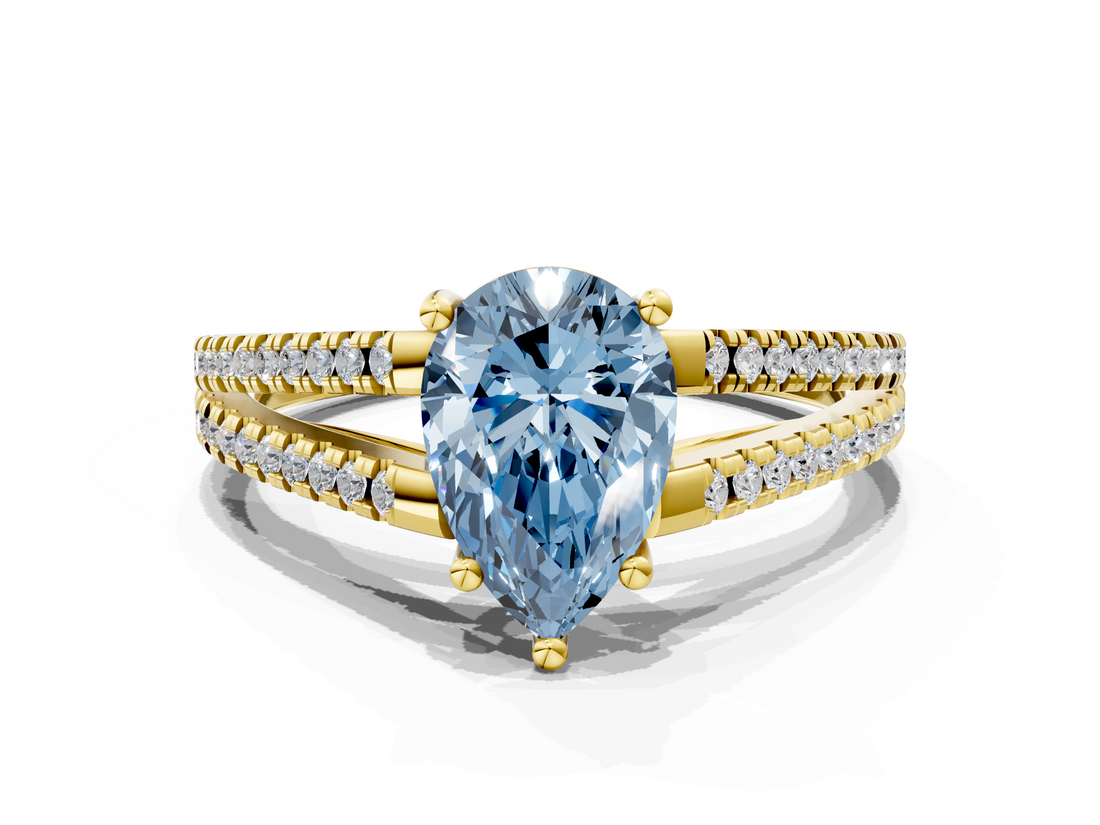 Yellow gold Fancy Blue Pear  Solitaire Split Shank Pavé Diamond Engagement Ring_378