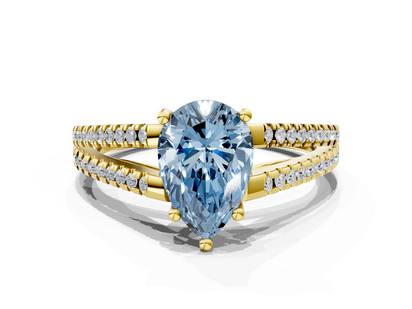 Yellow gold Fancy Blue Pear Cut Diamond Solitaire Engagement Ring with Split Shank Pavé Band