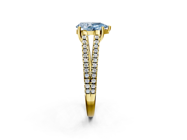 Yellow gold Fancy Blue Pear Cut Diamond Solitaire Engagement Ring with Split Shank Pavé Band