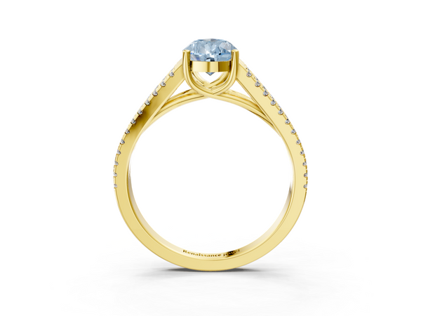 Yellow gold Fancy Blue Pear Cut Diamond Solitaire Engagement Ring with Split Shank Pavé Band