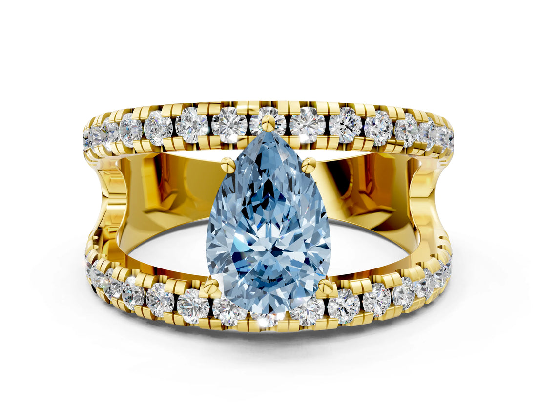 Yellow gold Fancy Blue Pear  Solitaire Split Shank Pave Diamond Ring_49