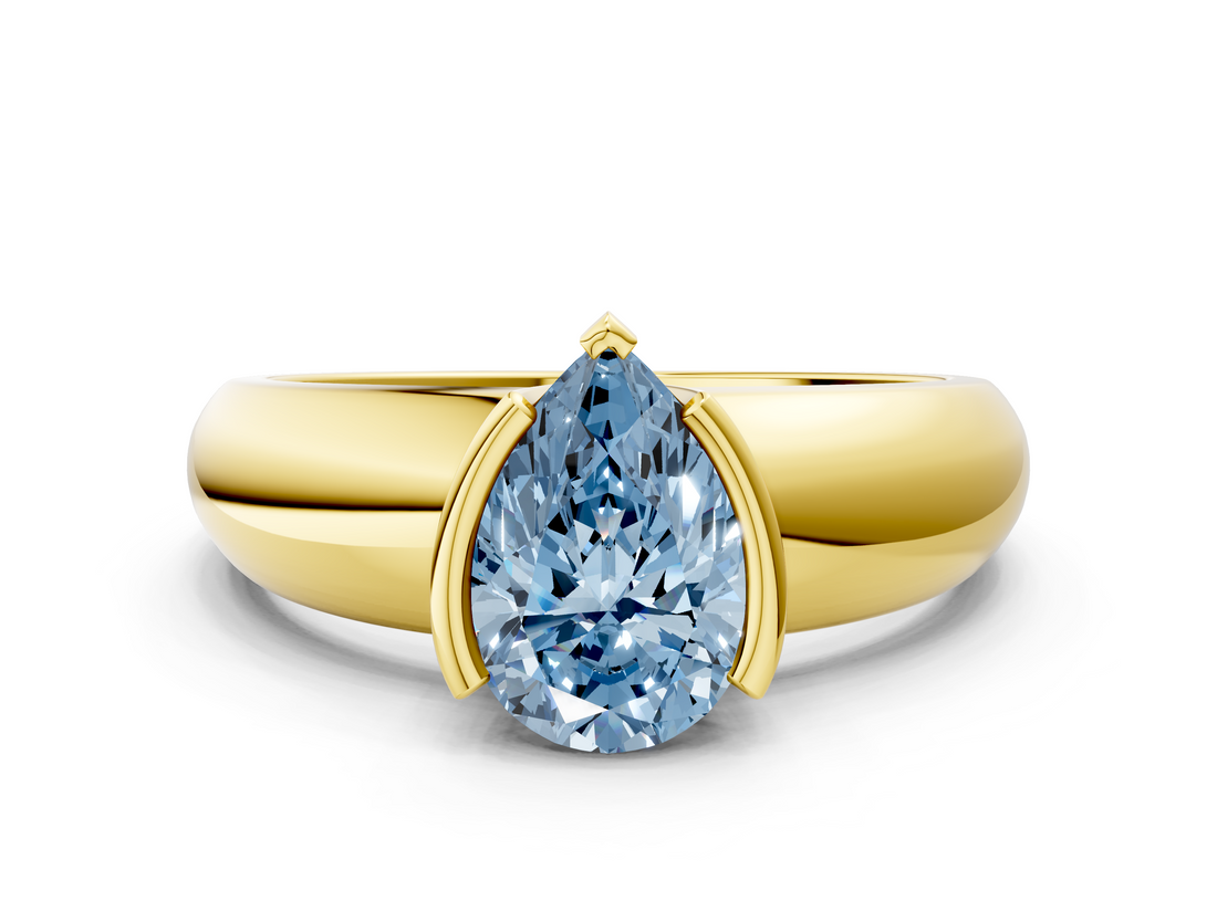 Yellow gold Fancy Blue Pear  Solitaire Tension Set Diamond Ring with Wide Band_37