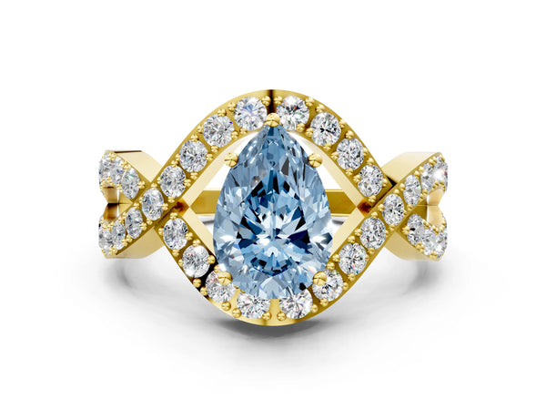 Yellow gold Fancy Blue Pear  Solitaire Twist Band Pavé Diamond Engagement Ring