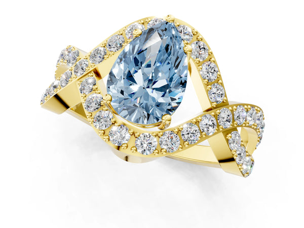 Yellow gold Fancy Blue Pear  Solitaire Twist Band Pavé Diamond Engagement Ring