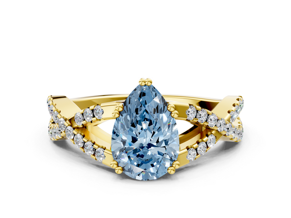Yellow gold Fancy Blue Pear Cut Diamond Solitaire Ring with Four-Prong Setting and Twisted Pavé Band