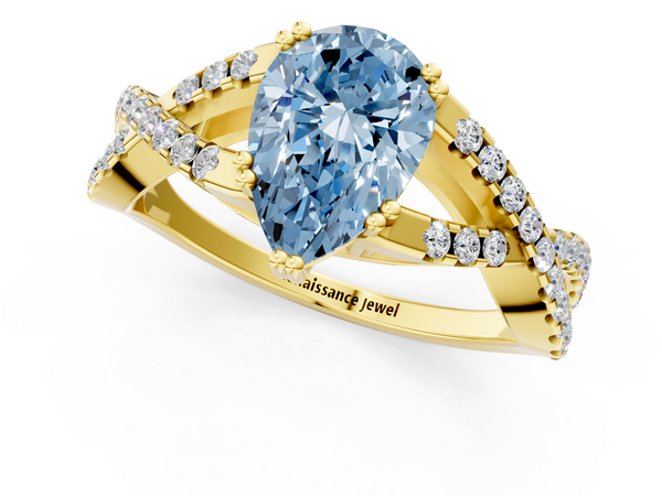 Yellow gold Fancy Blue Pear Cut Diamond Solitaire Ring with Four-Prong Setting and Twisted Pavé Band