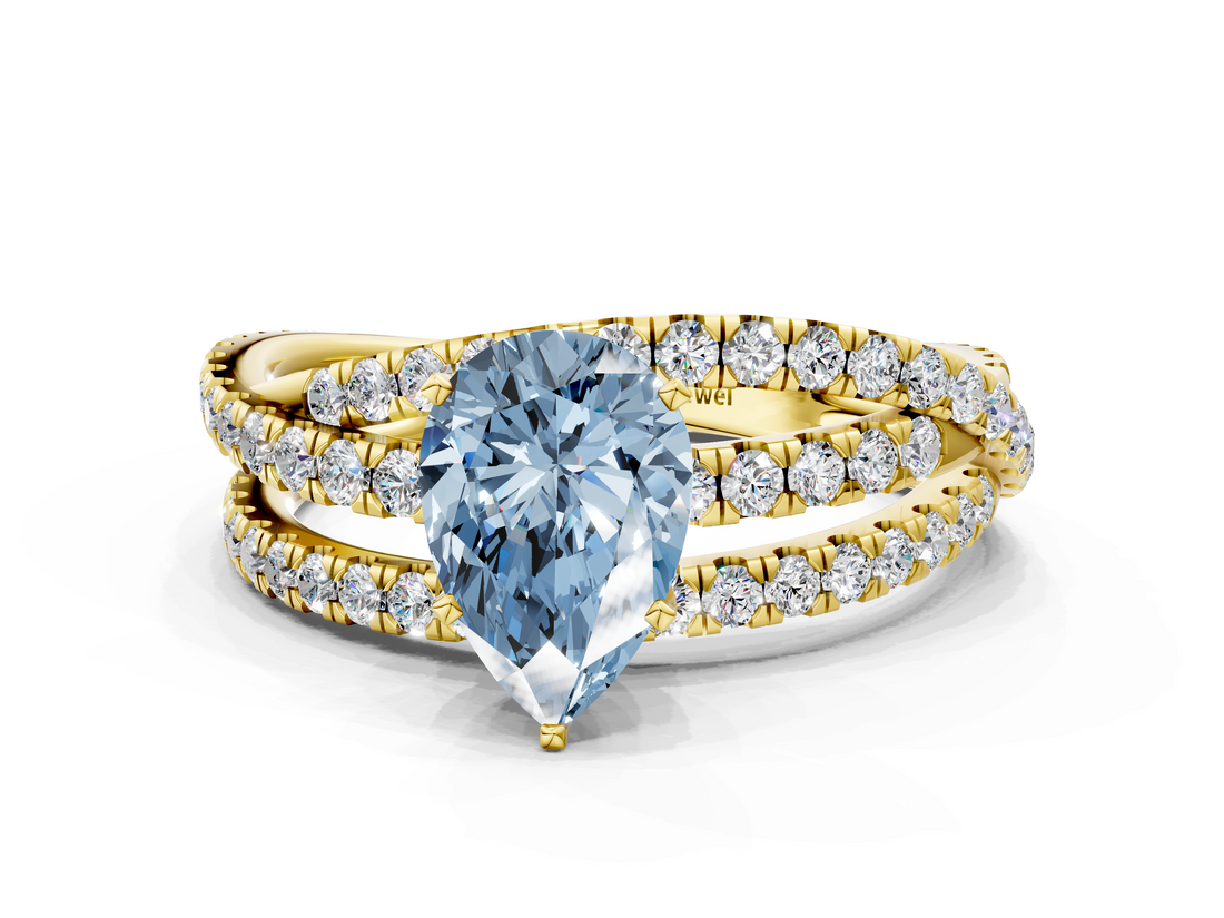 Yellow gold Fancy Blue Pear  Solitaire Twist Band with Pavé Setting and Four-Prong Setting_79