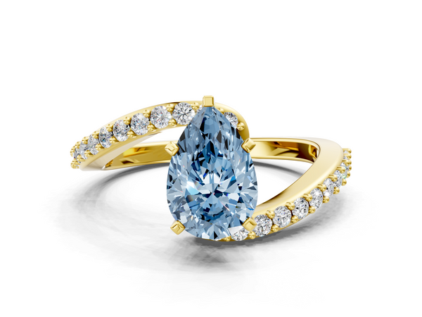 Yellow gold Fancy Blue Pear  Solitaire Twist Band with Pave Set Diamonds and Four-Prong Setting