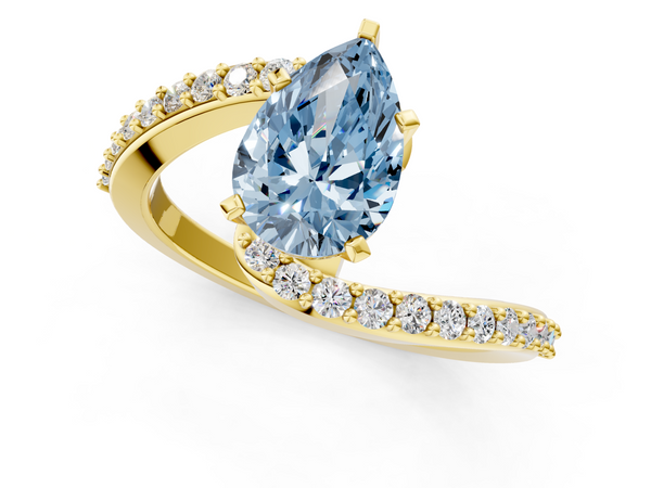 Yellow gold Fancy Blue Pear  Solitaire Twist Band with Pave Set Diamonds and Four-Prong Setting