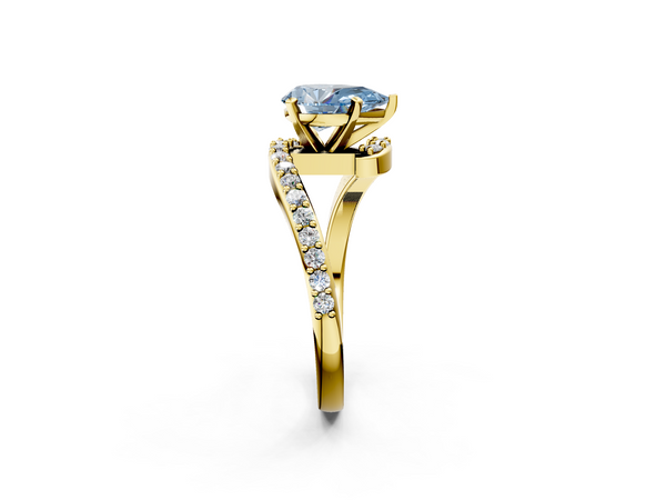 Yellow gold Fancy Blue Pear  Solitaire Twist Band with Pave Set Diamonds and Four-Prong Setting