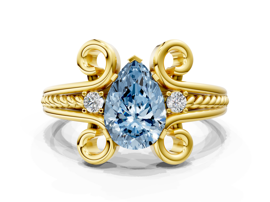 Yellow gold Fancy Blue Pear  Solitaire Twisted Band Scroll Prong Ring_3