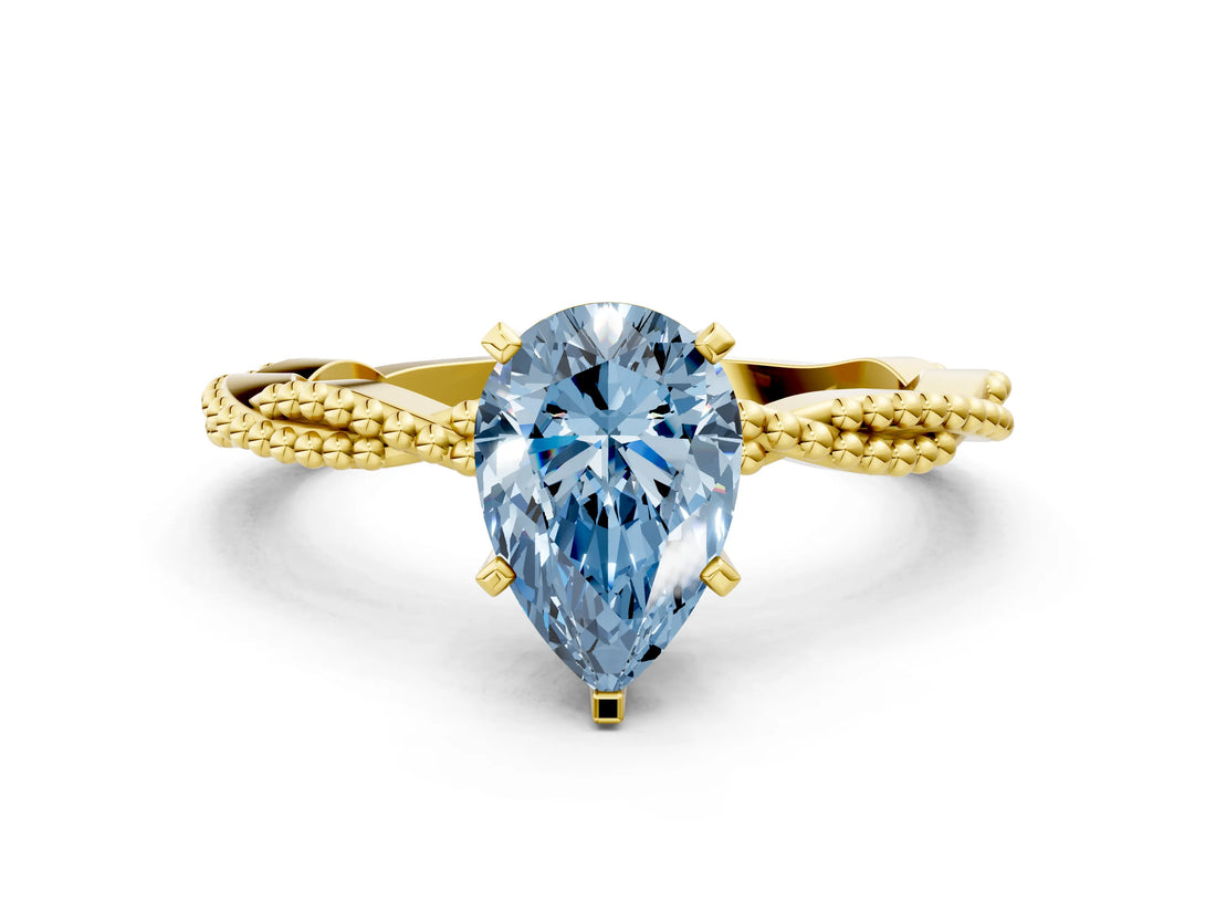 Yellow gold Fancy Blue Pear  Solitaire Twisted Band with Bead Prong Setting_408