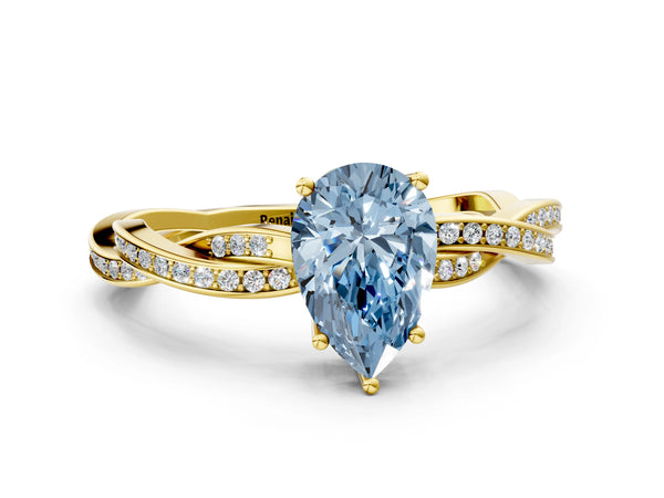 Yellow gold Fancy Blue Pear  Solitaire Twisted Pave Diamond Ring with Four-Prong Setting
