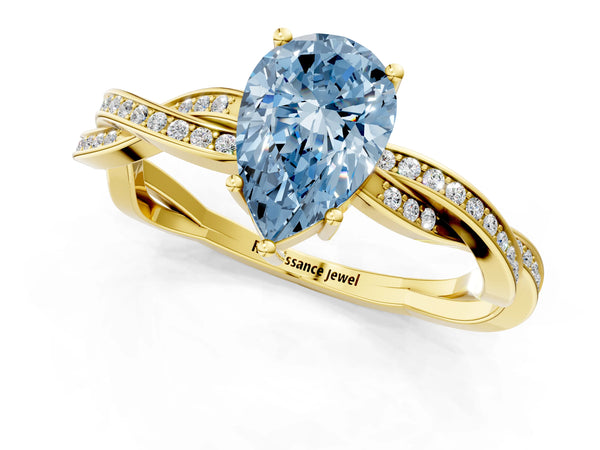 Yellow gold Fancy Blue Pear  Solitaire Twisted Pave Diamond Ring with Four-Prong Setting