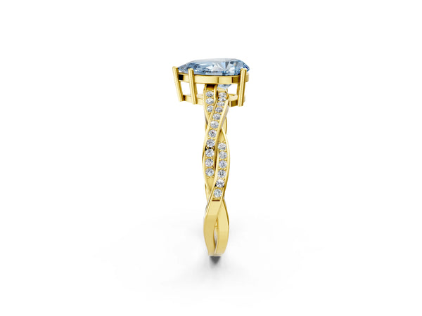 Yellow gold Fancy Blue Pear  Solitaire Twisted Pave Diamond Ring with Four-Prong Setting