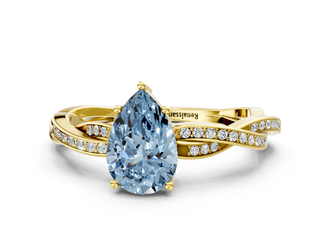Yellow gold Fancy Blue Pear  Solitaire Twisted Pave Diamond Ring with Four-Prong Setting_93