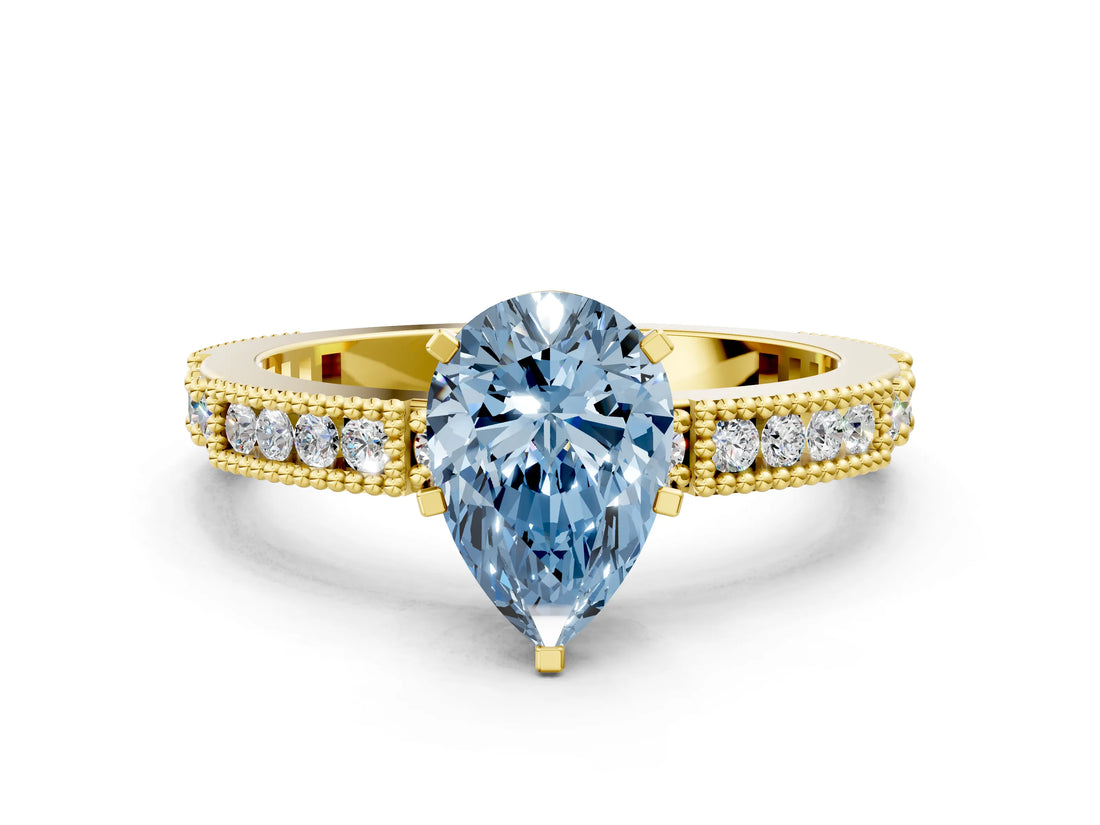 Yellow gold Fancy Blue Pear  Solitaire with Pavé Band and Four-Prong Setting_342