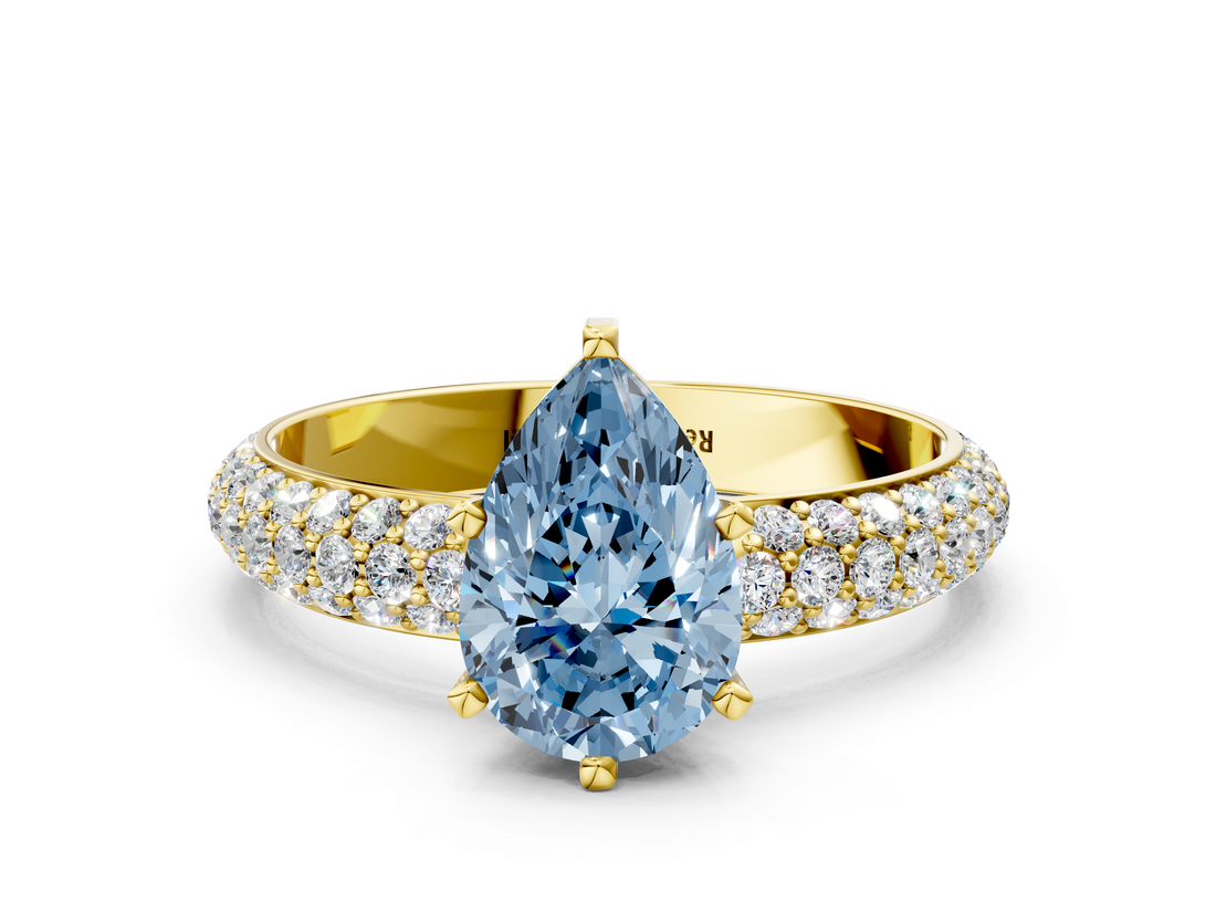 Yellow gold Fancy Blue Pear  Solitaire with Pave Band and Four-Prong Setting_3