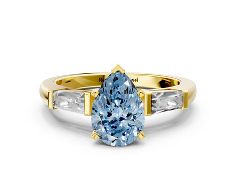 Yellow gold Fancy Blue Pear  Solitaire with Tapered Baguette Side Stones on a Classic Band with Four-Prong Setting_70