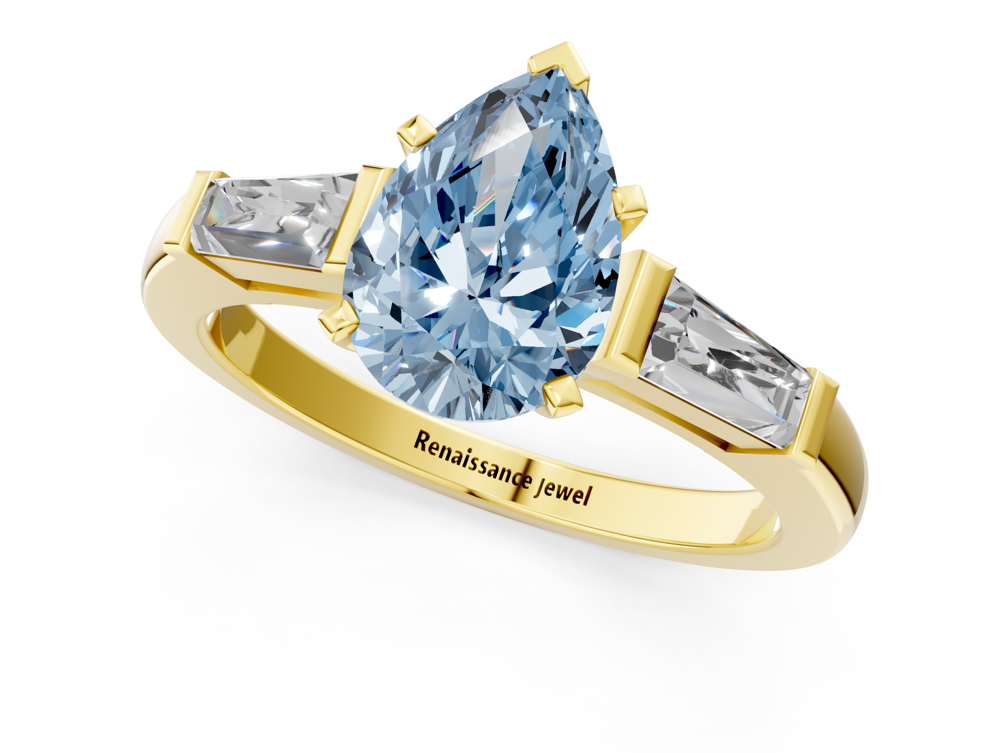 Yellow gold Fancy Blue Pear  Solitaire with Tapered Baguette Side Stones on a Classic Band with Four-Prong Setting_71