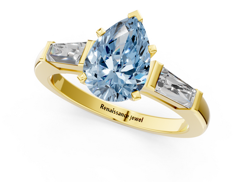 Yellow gold Fancy Blue Pear  Solitaire with Tapered Baguette Side Stones on a Classic Band with Four-Prong Setting_71