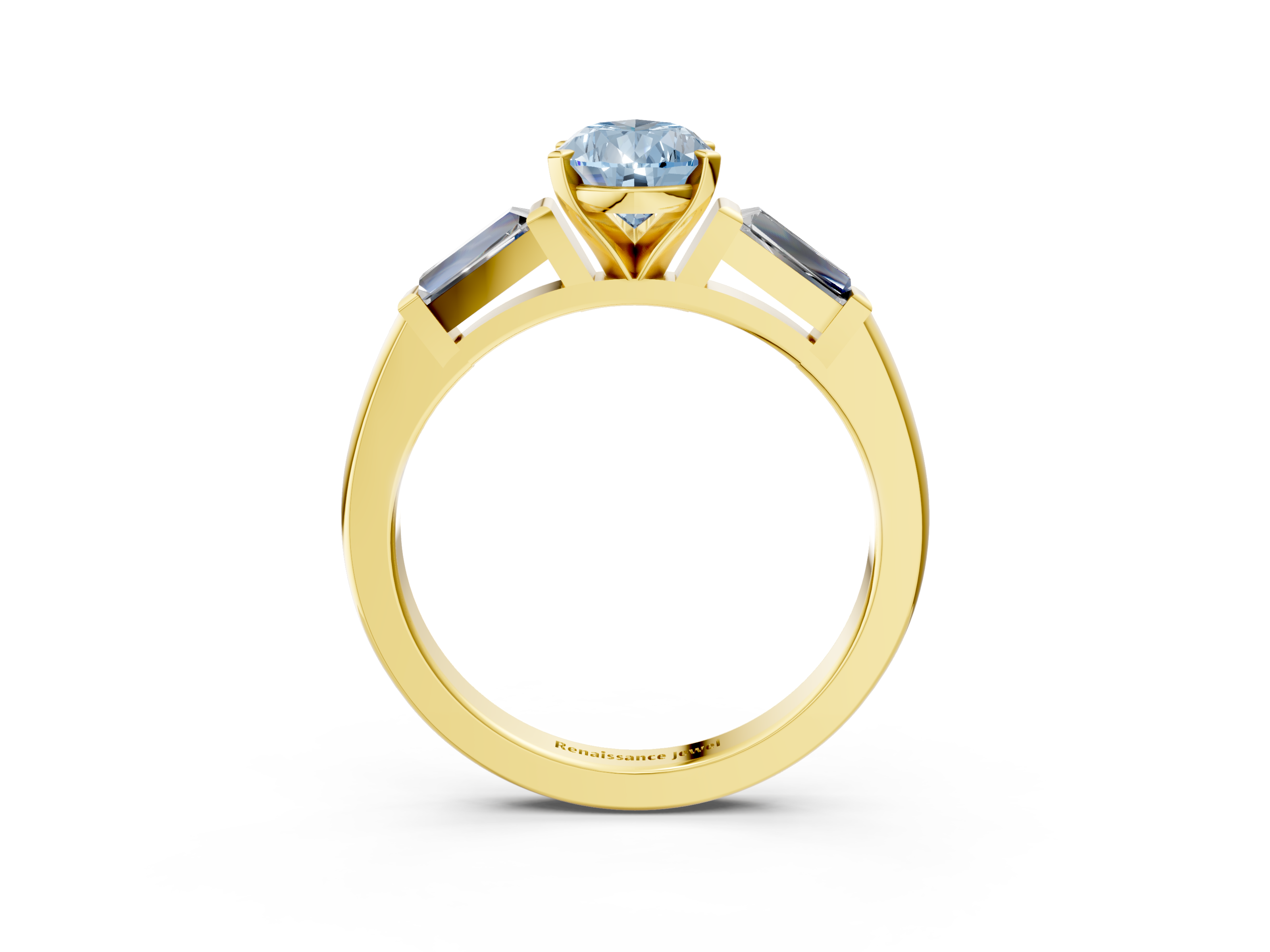 Yellow gold Fancy Blue Pear  Solitaire with Tapered Baguette Side Stones on a Classic Band with Four-Prong Setting_73