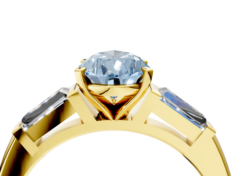 Yellow gold Fancy Blue Pear  Solitaire with Tapered Baguette Side Stones on a Classic Band with Four-Prong Setting_74