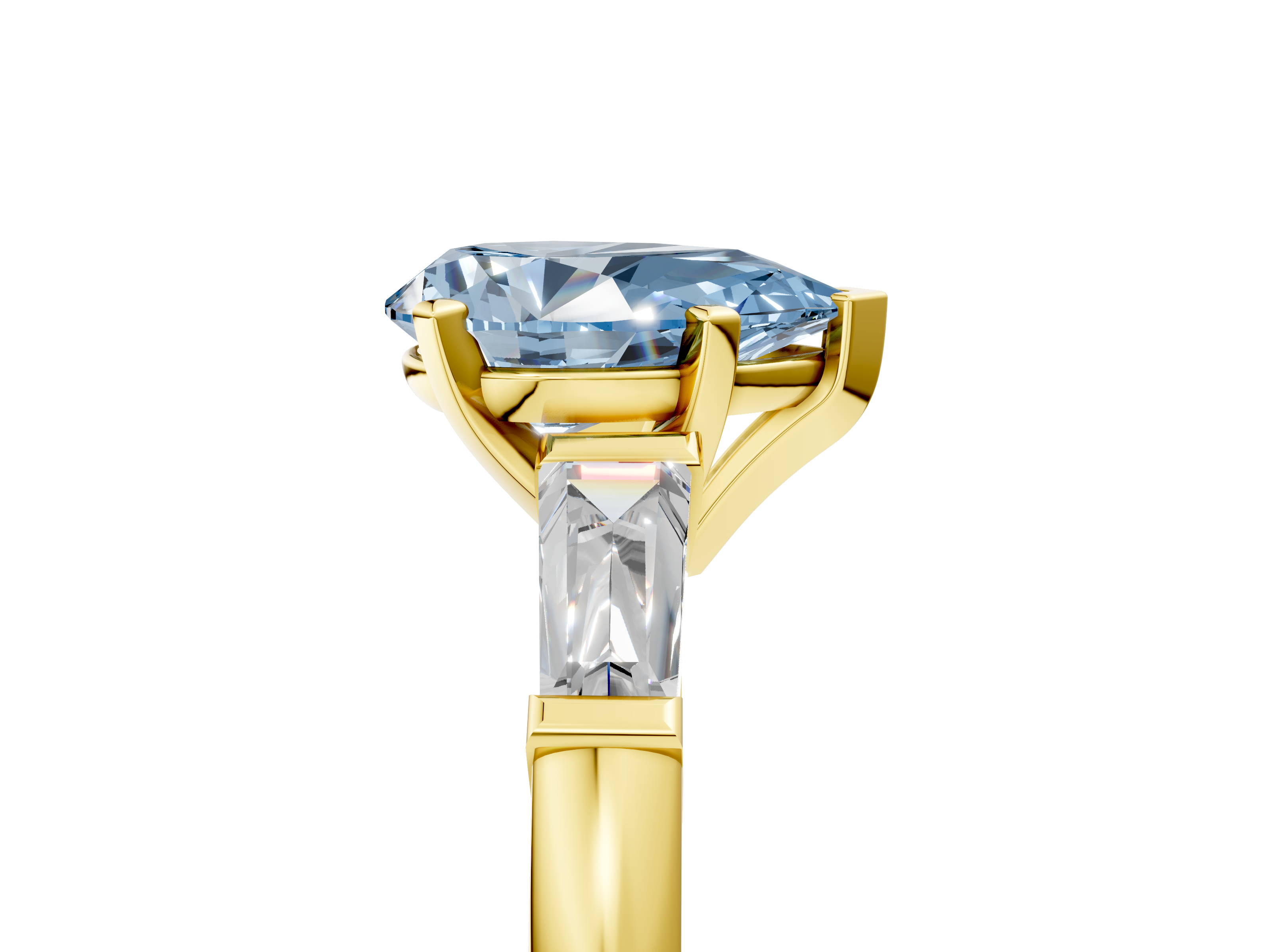 Yellow gold Fancy Blue Pear  Solitaire with Tapered Baguette Side Stones on a Classic Band with Four-Prong Setting_75