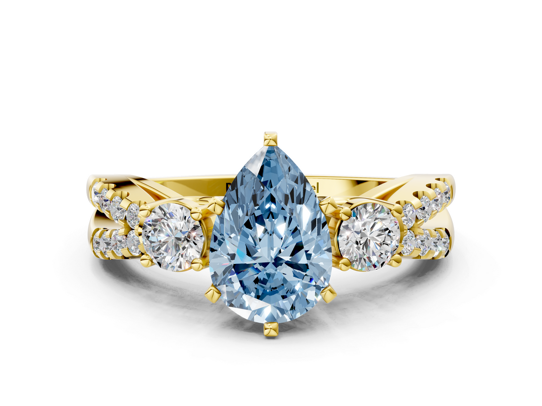 Yellow gold Fancy Blue Pear  Three-Stone Diamond Ring with Pavé Split Shank and Four-Prong Setting_62