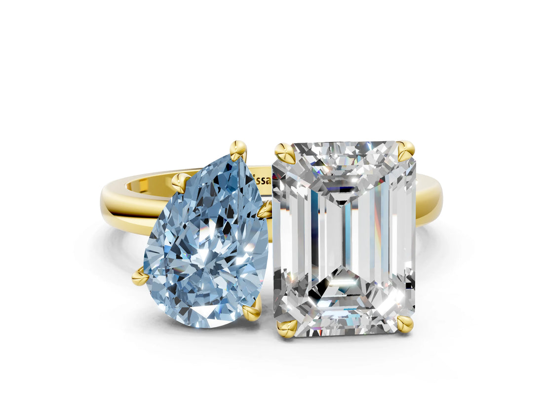 Yellow gold Fancy Blue Pear  and Emerald Cut Toi Moi Ring with Prong Setting_61