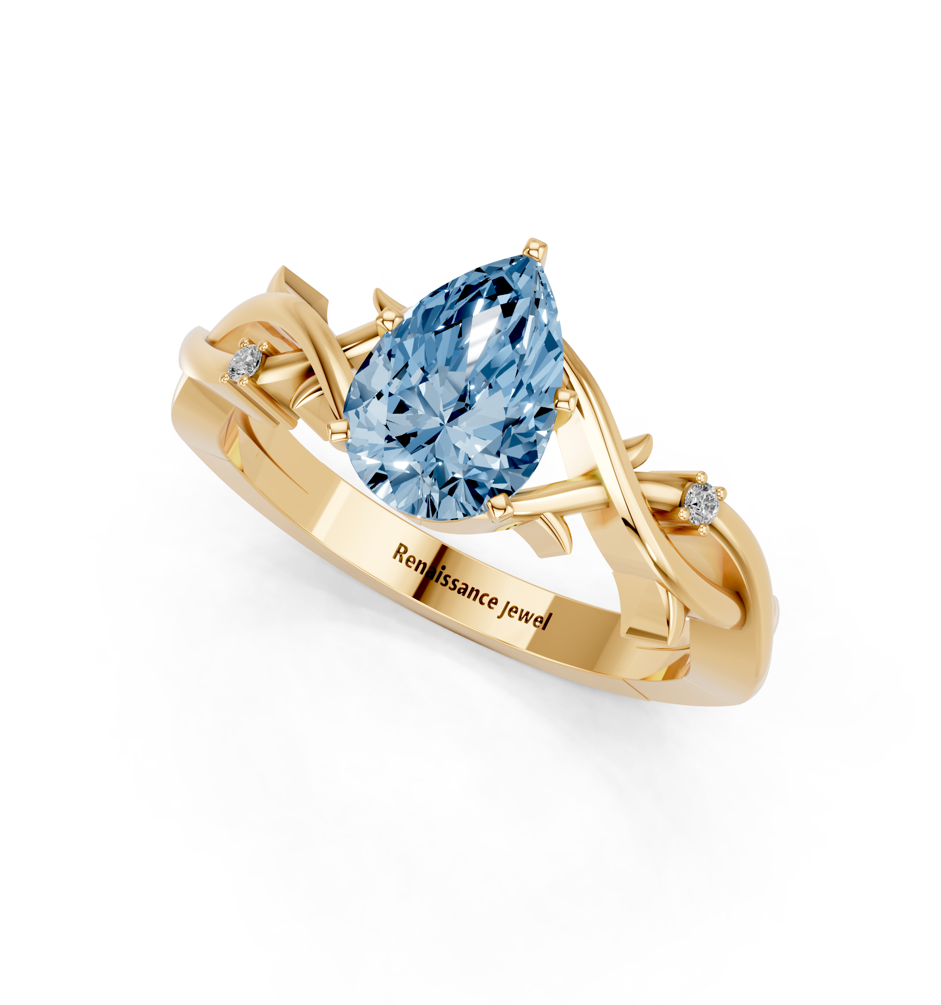 Yellow gold Fancy Blue Pear cut Solitaire Twisted Band Prong Setting Ring_7