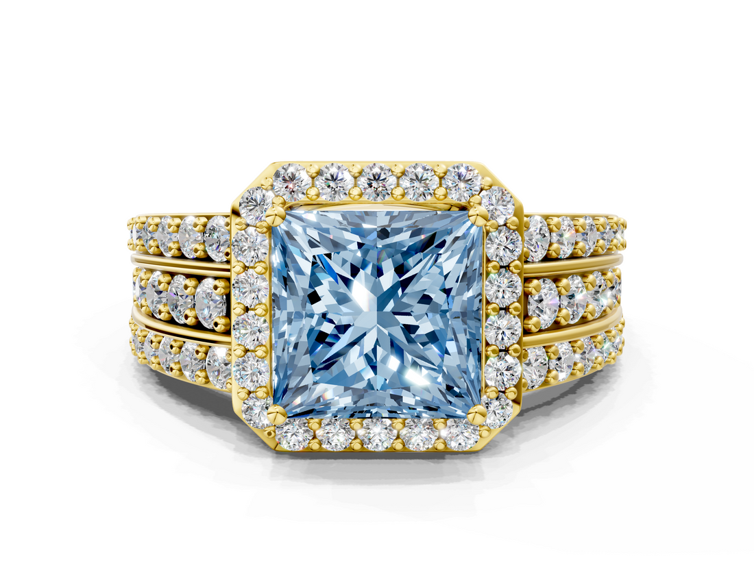 Yellow gold Fancy Blue Princess -Cut Halo Diamond Ring with Split Shank and Four-Prong Setting_85