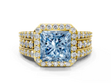Yellow gold Fancy Blue Princess -Cut Halo Diamond Ring with Split Shank and Four-Prong Setting_85