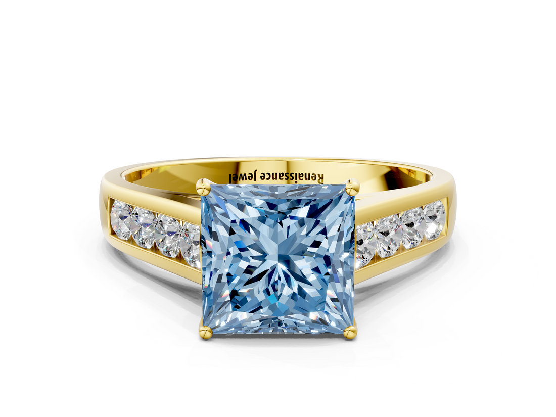 Yellow gold Fancy Blue Princess  Brilliant Channel-Set Solitaire Ring with Four-Prong Setting_20