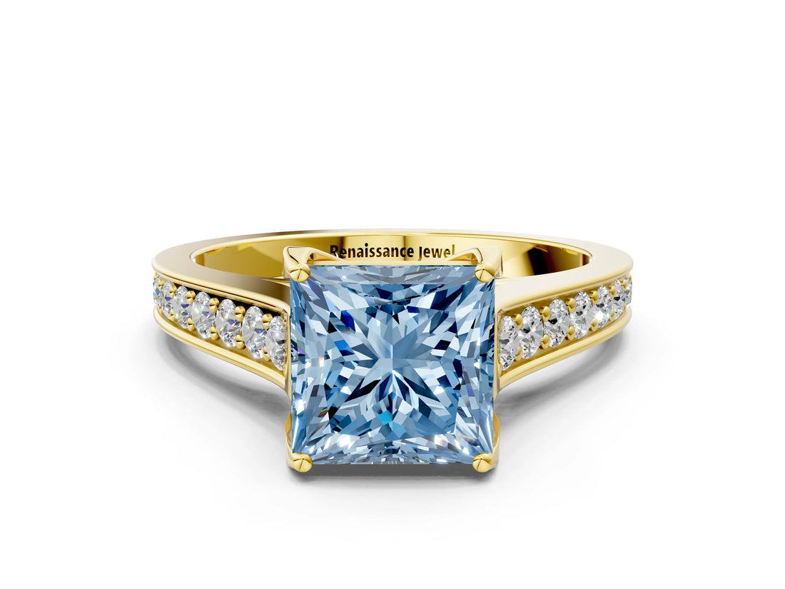 Yellow gold Fancy Blue Princess  Brilliant Cut Diamond Engagement Ring with Pavé Band and Four-Prong Setting_50