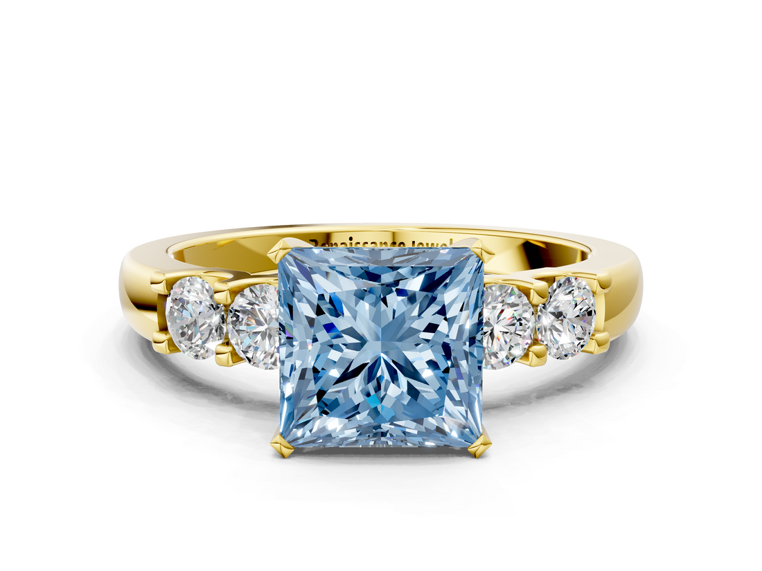 Yellow gold Fancy Blue Princess  Brilliant Cut Diamond Five-Stone Prong Set Engagement Ring with Channel Band_10